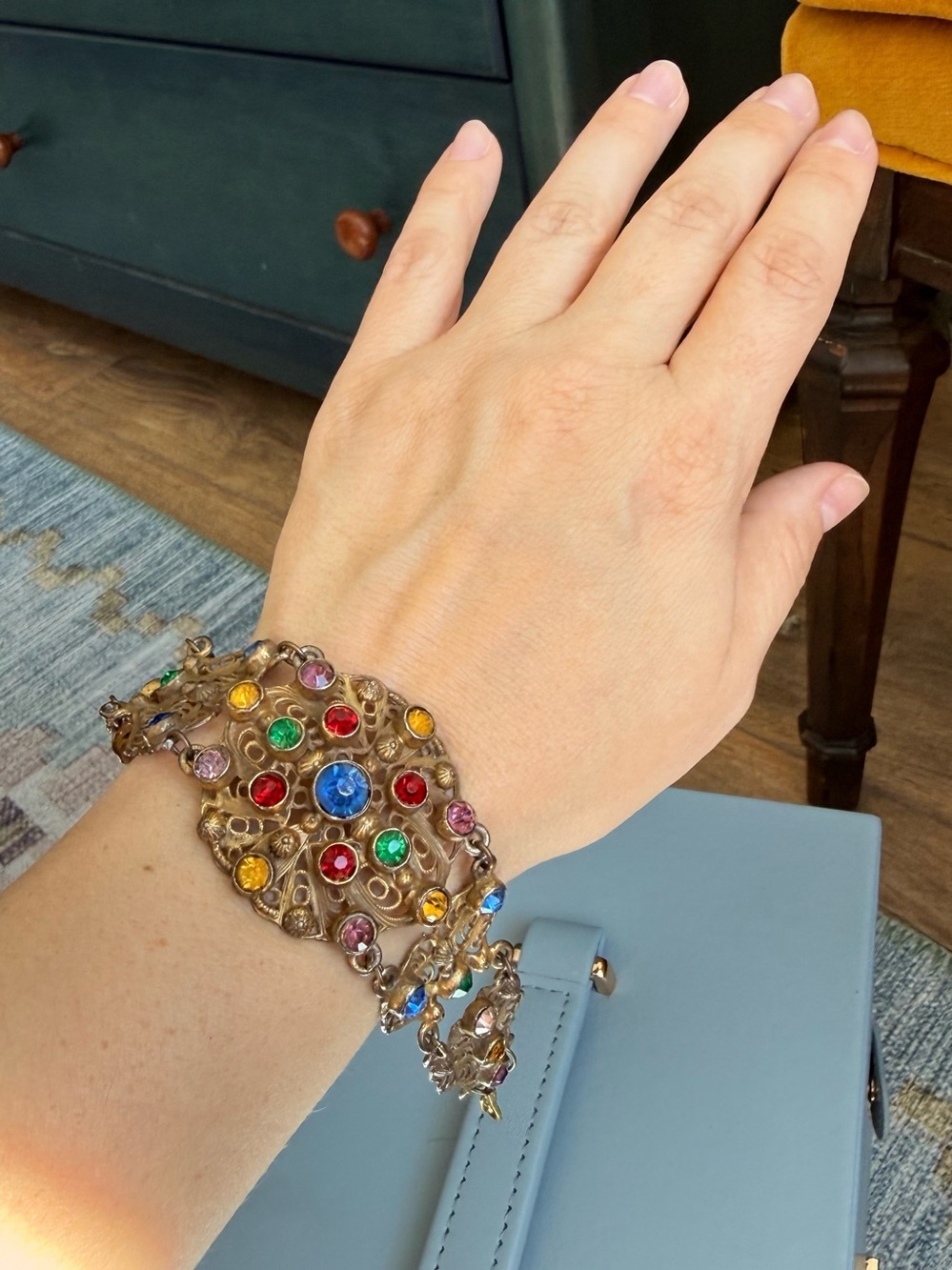 1930s Art Deco Czech Rainbow Glass Filigree Bracelet - Picture 2 of 12